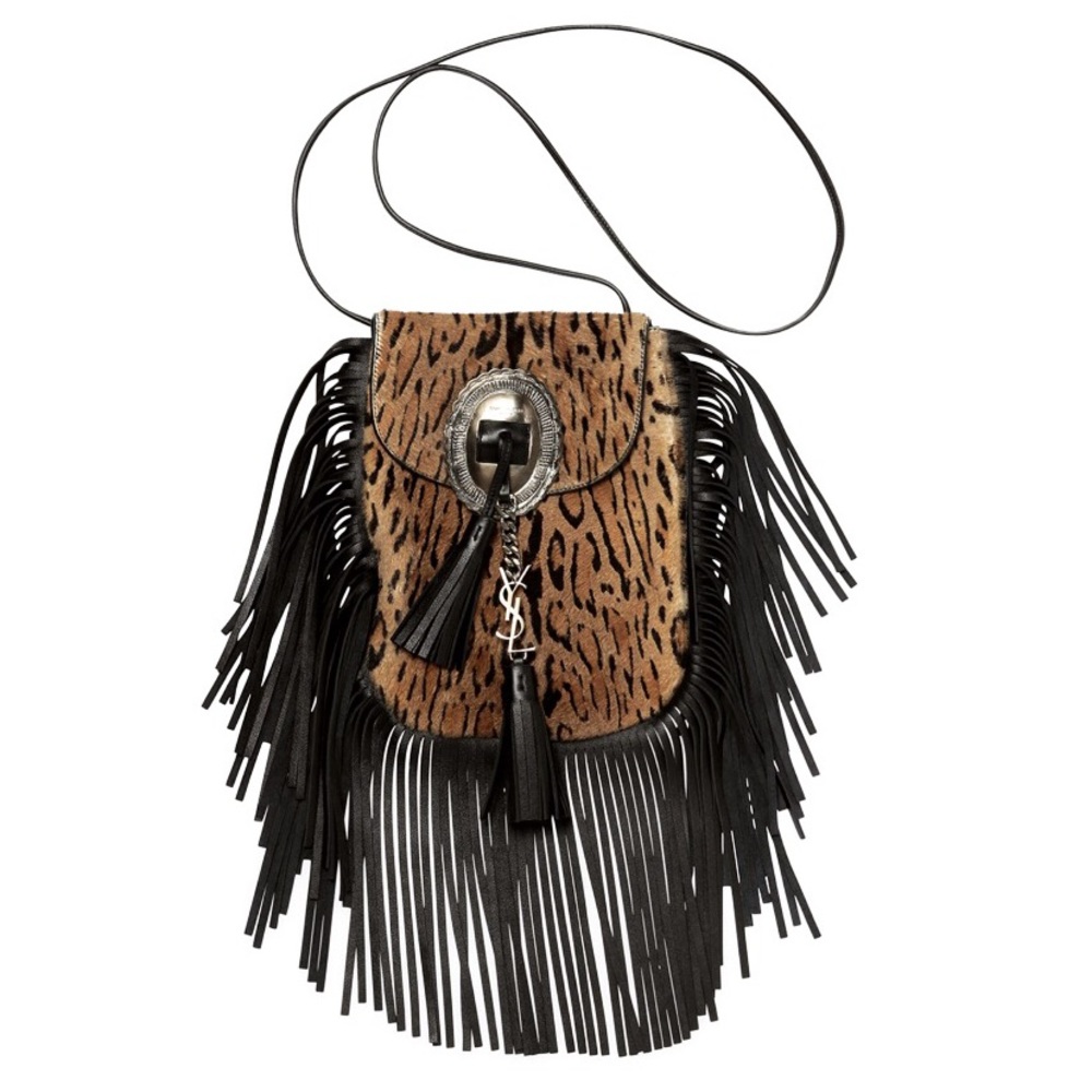 Saint Laurent Leopard-Print Calf Hair Fringe Bag